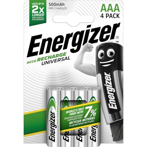 Energizer Recharge Universal - Batterie Ricaricabili AAA (Confezione da 4) - Pile 500 mAh NiMH - pronte all'uso - potenza di lunga durata - 100% imballaggio riciclabile privo di plastica