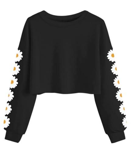 Imily Bela Felpa da ragazza con stampa a margherite, girocollo, a maniche lunghe, pullover corto, casual, maglietta per bambini da 3 a 14 anni, Nero , 11-12 Anni