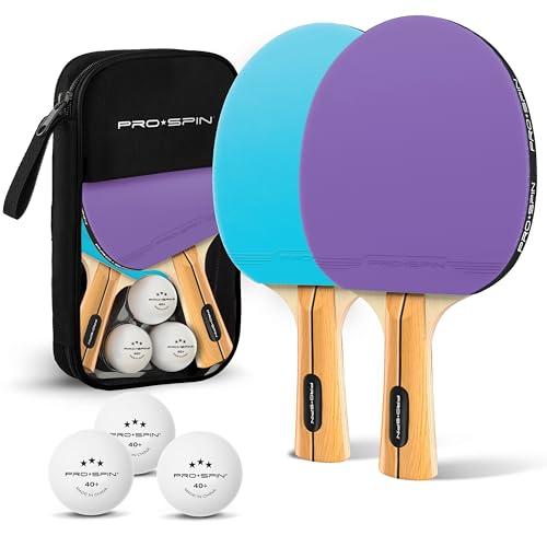 PRO-SPIN Ping Pong Set da Tavolo di Alta qualità - Racchette Ping-pong, Palline Ping Pong a 3 Stelle, Custodia Compatta - Gioco da Interni o Esterni (Set da 2 Giocatori, Viola/Blu)