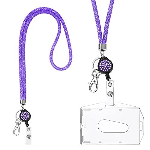 Vicloon Collana con Cordino in Cristallo con Porta Badge, Porta Badge Retrattile e Portachiavi, Porta Carte ID Cinturino a Cordino Strass Bling Portabadge Trasparenti e Cinghia da Collo per Badge