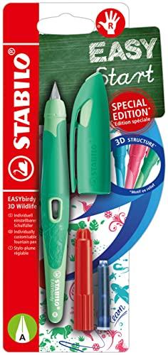 Penna Stilografica Ergonomica - STABILO EASYbirdy 3D Wildlife Special Edition in Verde - per Destrimani - Punta Principiante - Cartuccia Blu e Chiave di regolazione inclusa