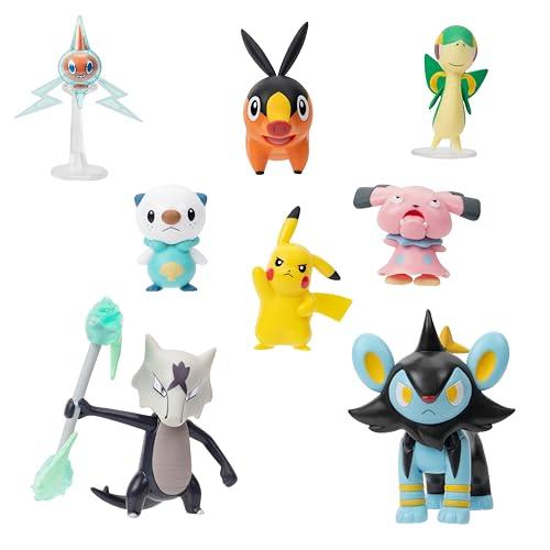 Jazwares PKW - Confezione multipla di personaggi da battaglia (8 pezzi: Tepig, Oshawott, Snivy con supporto, Rotom con supporto, Pikachu #5, Snubull, Alolan Marowak, Luxio) W12