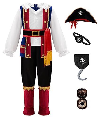 ReliBeauty Costume Pirata Bambino Bambina Vestito Carnevale Capitano Pirata Lusso con Accessori Halloween