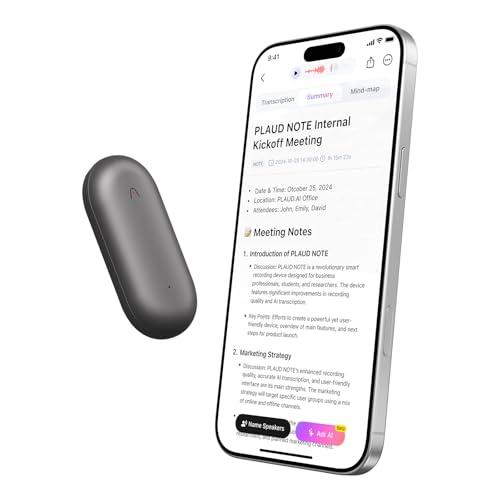 PLAUD NotePin Registratore Vocale AI con kit, Controllo tramite App, Notetaker AI, Trascrizione e Sintesi AI, Supporto per 112 Lingue,64GB Registratore Audio per Lezioni, Riunioni, Chiamate, Grigio