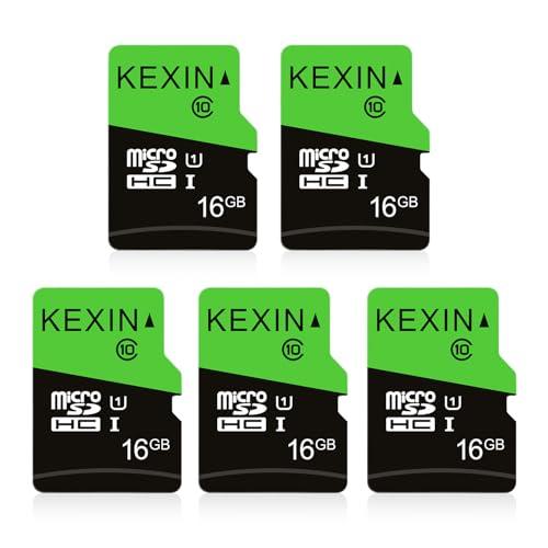 KEXIN 16GB X 5 Schede di Memoria MicroSDHC Micro SD Scheda Classe 10 UHS-1 Scheda MicroSD TF SD Card C10 U1 per Smartphone, Fotocamera, Tablet, Sistema di Sicurezza (Nero Verde)