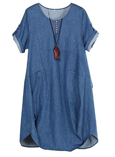 FTCayanz Vestito Donna Manica Corta Abito Tunica Midi Taglie Forti Abiti Lino Camicetta Jean Blu XXL