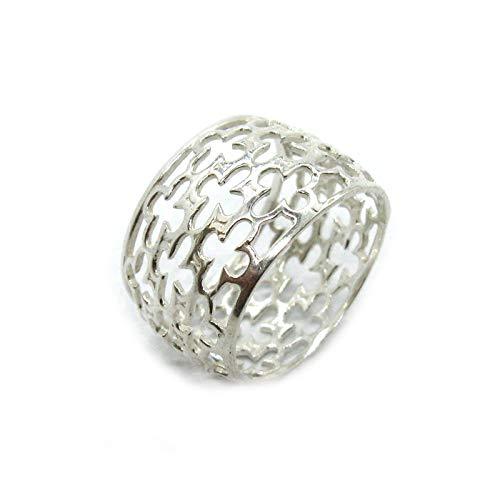 Anello in Argento Sterling Con Fascia a Fiore Largo 14mm Solido Marchiato 925