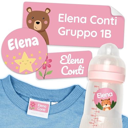melu kids® Set di etichette adesive personalizzate scuola materna e asilo (50 pezzi) - Etichette personalizzate per vestiti, tessuti e oggetti - Adesivi Personalizzati Lavabili - Rosa