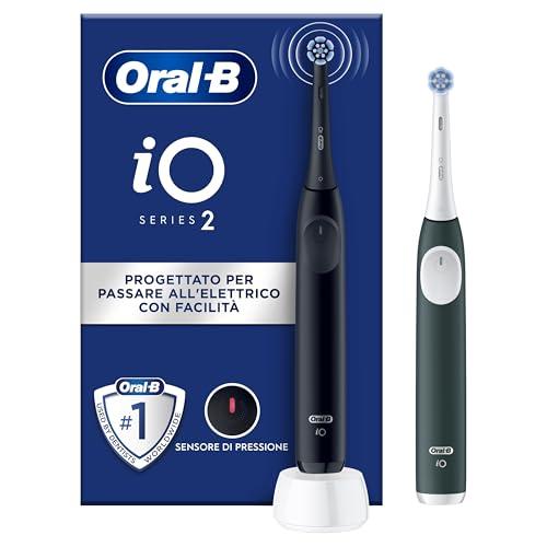 Oral-B iO 2 Spazzolino Elettrico Oral B, Nero e Verde, 1 Testina Di Ricambio, 2 Spazzolini, Delicato sulle Gengive, Efficace sulla placca, Sensore di Pressione