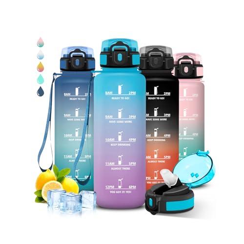 Grsta Borraccia 1,5 litri, con Cannuccia, Senza Perdite, Borraccia Motivazionale, Facile da Pulire, con Orari per Bere, Con Chiusura di Sicurezza, per Fitness, Campeggio, Escursioni