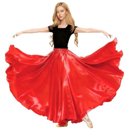 Baisdan - Gonna in Raso per Danza del Ventre, Costume da Festival, Gonna Lunga e Ampia, Rosso, Taglia Unica