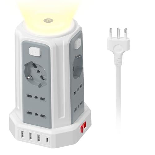 2 M Ciabatta Elettrica Multipresa con Luce Notturna 12 Prese Universali 10/16A ITA e Schuko e 3 USB A+1 USB C Protezione Sovratensione con 4 Interruttori Indipendenti per L'ufficio, La casa