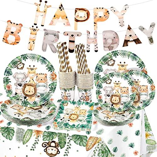 Yosemy Giungla Safari Set di Stoviglie di Carta Usa e Getta per 25 Ospiti - 127 Pezzi Con Piatti, Tovaglioli, Cannucce per Wild One Decorazione di Compleanno Verde