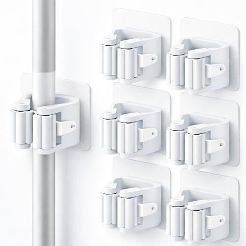 HKaizen Porta Scope Parete Adesivo Set da 6, Portascope da Muro Appendibile Senza Forare, Appendi Scope Bianco per Scopa e Mocio, Cucina, Bagno, Lavanderia e Garage, 6 x 6 x 4,5 cm