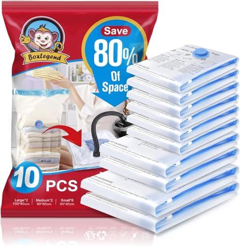 BoxLegend Sacchetti Sottovuoto Vestiti 10 Pezzi, 2L*100x80 + 2M*80x60 + 6S*60x40cm Tipo Spesso Sacchetti Sottovuoto Salvaspazio Riutilizzabili per Contenere Coperte Vestiti Lenzuola Piumoni Cuscini