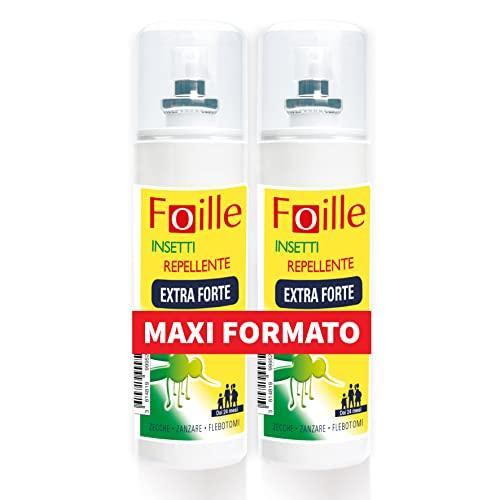 Foille Insetti Repellente Extra Forte, DEET 50%, Spray contro zanzare anche vettori del virus dengue, west nile e zika, contro zecche e flebotomi, efficacia fino a 16 ore, due confezioni da 100 ml