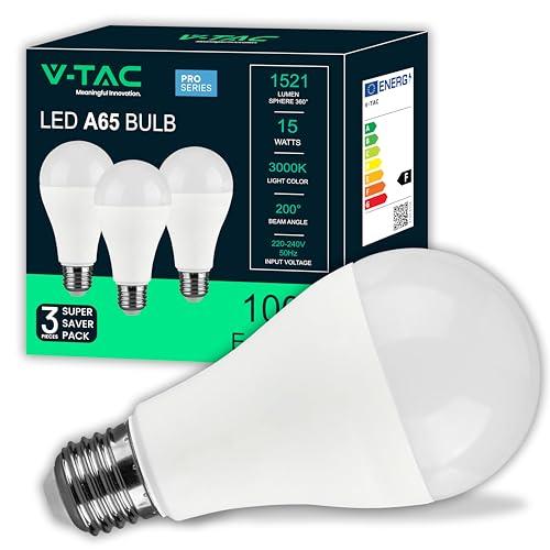 V-TAC 3x Lampadine LED 15W ad Alta Luminosità 1521 Lumen - E27 A65 - Lampadine Nuova Generazione - 3000K Luce Bianco Caldo - Equivalenti a 100W - Box da 3