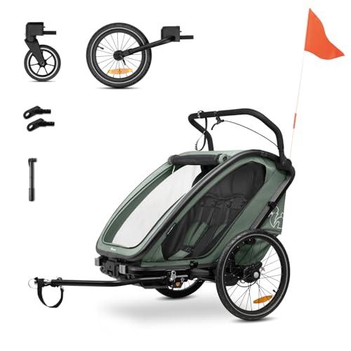 hauck Bike N Walk Duo, Dark Green - 3in1 Rimorchio Bici Bambini 2 Posti 6 Mesi a 22 kg / 120 cm - Set Completo con Accessori - Ruota Passeggino, Freno a Mano, Sospensioni, Schienali Reclinabili