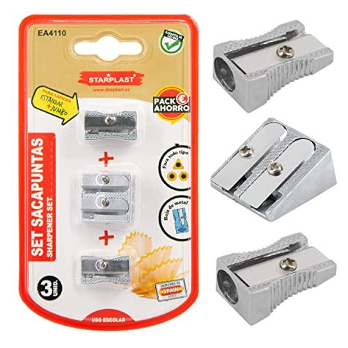 Set Temperamatite 2 pezzi in acciaio e un pezzo acciaio doppio STARPLAST - Temperamatite per ogni tipo di matite, lama in metallo, per matite standard e jumbo