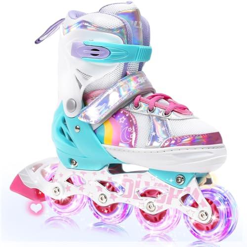 OLYSPM Pattini in Linea Bambina luminosi regolabili,unicorno arcobaleno,Pattini a rotelle con Tutte Ruote LED per Principianti Bambini,Regalo di Natale