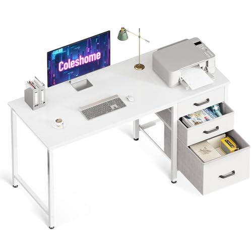 Coleshome Scrivania con 3 Cassetti in Tessuto, 120x48cm Scrivania Salvaspazio con Portacuffie, Bianco Scrivania Computer Reversibile per Piccolo Ufficio in Casa