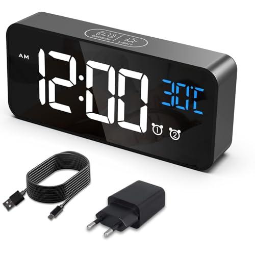 HERMIC Sveglia Digitale, Sveglia da Comodino con Temperatura, Orologio Digitale con 2 Allarme, Snooze, 4 Livelli di Luminosità, Controllo Vocale, USB Ricaricare, Sistema 12/24 Ore (Nero)