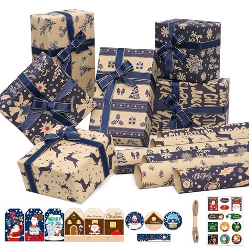 Larcenciel Carta Regalo Natale Kraft, 6 Fogli Carta da Regalo Blu + Etichette Regalo + Adesivi + Corda per Imballaggio, Carta da Pacchi Regalo Vintage con Fiocchi Neve, Alci e Foglie Pino, 70x50CM