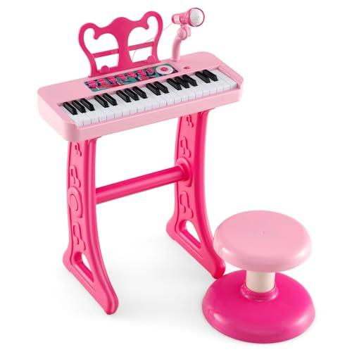 KOMFOTTEU Pianola Bambini Musicale Tastiera, Tastiera Digitale a 37 Tasti, Mini Tastiera con Effetti Luminosi e Microfono, Strumenti Musicali con Sgabello, 22 Battiti/4 Toni/4 Ritmi (Rosa)