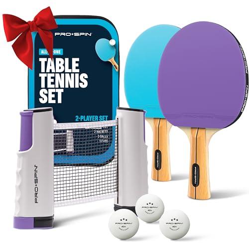 PRO-SPIN Set da Tavolo Portatile - Kit Premium con Rete Estensibile per Qualsiasi Tavolo, Racchette, Palline e Custodia per Ping Pong (Set da 2 Giocatori, Viola/Blu)