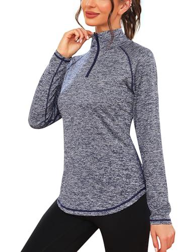 iClosam Maglia Sportiva Donna Manica Lunga Maglia Tecnica Trekking con Mezza Zip Maglietta da Corsa Traspirante Maglie Running Leggera Blu Navy S
