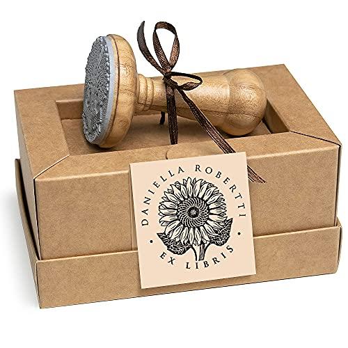 Ex libris Timbro Girasole Pianta, Fiori Giganti, Helianthus Annuus, Timbri Personalizzati in Legno Rotondo 40mm, Scatole Regalo