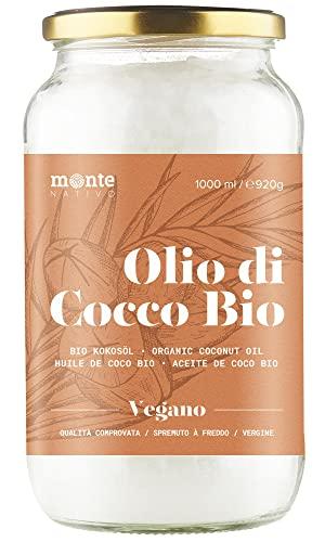 MonteNativo Olio di Cocco Biologico Extra Vergine –1000ml– Crudo e Spremuto a Freddo; Organico e Puro 100%; Non Processato, Bio, Ideale per Capelli, per il Corpo e ad Uso Alimentare, Non Raffinato