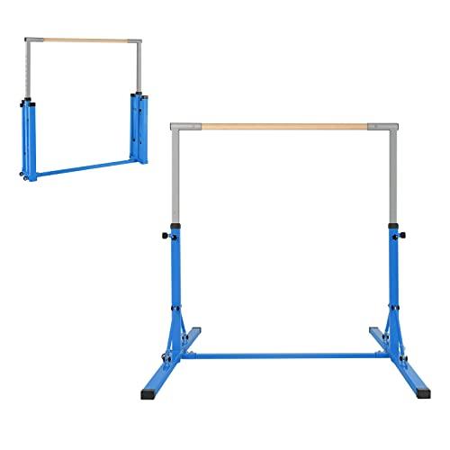 COSTWAY Barra per Ginnastica e Danza per Bambini e Bambine Pieghevole e Portatile, Sbarra Parallela in Metallo e Legno con 13 Altezze Regolabili, Ruote e Cuscinetti Antiscivolo, Portata 100 kg (Blue)