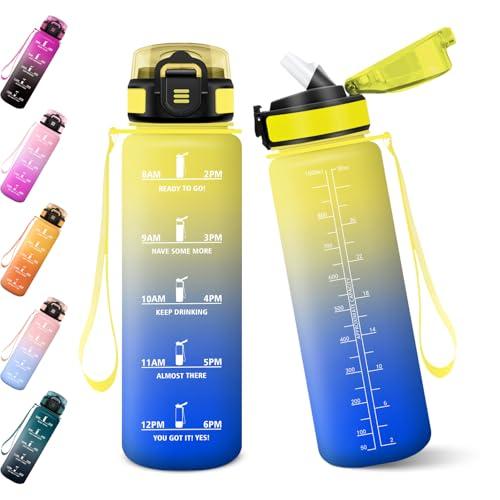 Baramumu Borraccia, 1000ML Senza BPA, Con Paglia, Borraccia Acqua, Bottiglia d'acqua Motivazionale con Indicatore del Tempo, Bottiglia con Cannuccia per Palestra - Giallo&Blu reale