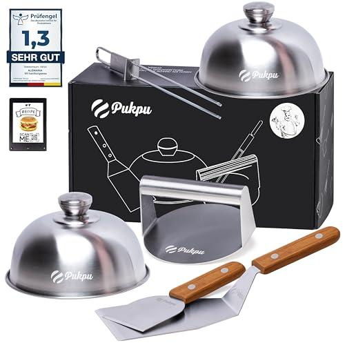 PUKPU Kit Smash Burger Professionale – Set 6 pezzi con pressa, spatole, cupole e accessori per piastra e barbecue, ideale per hamburger smash fatti in casa (Marrone, 6)