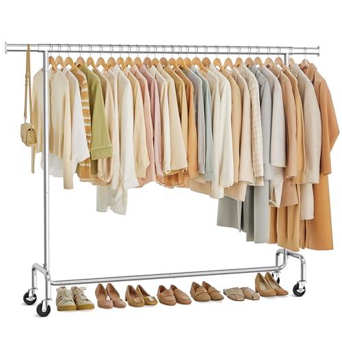 SONGMICS Stand Appendiabiti con Rotelle, Portabiti per Carico Pesante, Barra Estensibile, Portata 110 kg, 45 x (160-200) x 162,9 cm, Metallo Cromato, Colore Argento HSR176E01