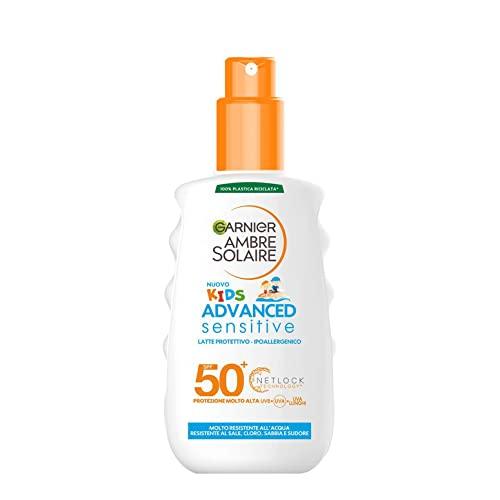 Garnier Ambre Solaire Latte Solare Protettivo Spray Bambini Advanced Sensitive Kids, Resistente a Acqua, Sale e Cloro, Ipoallergenico, Con Protezione Molto Alta, 200 ml