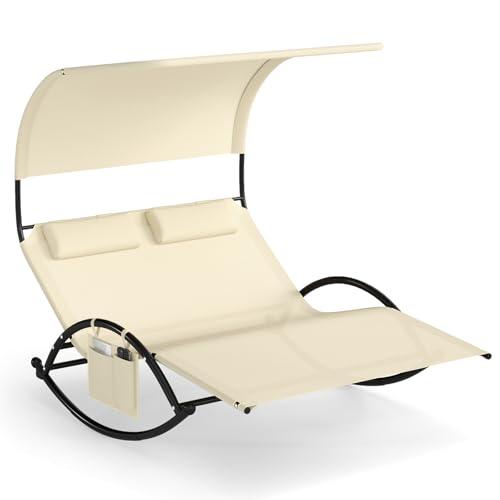 COSTWAY Lettino Prendisole a 2 Posti, Lettino in Tessuto Textilene, con 2 Poggiatesta Staccabili, Sedia a Dondolo da Giardino con Struttura Metallica, Lettino con Tettuccio Portata 300 kg (Beige)