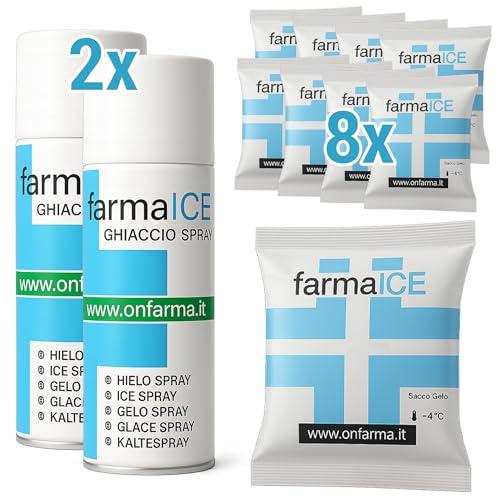 OnFarma KIT 8 pz. GHIACCIO SECCO ISTANTANEO BUSTA + 2 pz. GHIACCIO SPRAY 400 ML, Buste Ghiaccio Secco Medico FarmaICE, Ghiacco Sintetico Traumi, Sport e Crioterapia, Ghiaccio Pronto Uso, Freddo Spray.