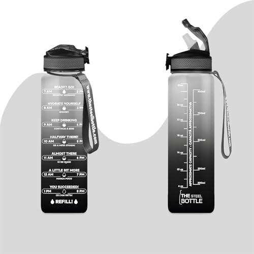 THE STEEL BOTTLE - Borraccia motivazionale 1 Litro con cannuccia e fasce orarie - BPA e Phthalate Free - Bottiglia chiusura ermetica - Ideale per sport, palestra campeggio (Black & White)
