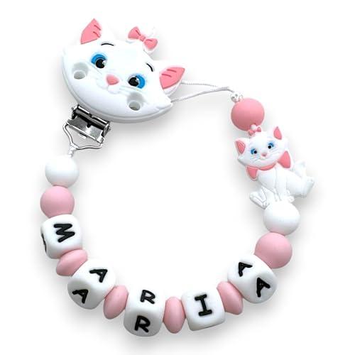 LulluLab Catenella Portaciuccio Con Nome, Personalizzato i ogni sua parte, tante Clip Portaciuccio da poter scegliere, ottima idea regalo per Baby Shower. (Minou)