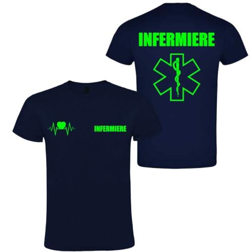 T-shirt in cotone adatto per infermiere 118 soccorso con stampa fluo fronte e retro NM (Blu Navy, L)