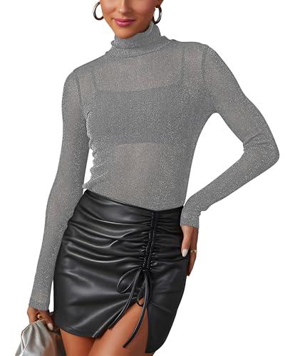 Donna Top in Maglia Trasparente con Glitter T-shirt Trasparente Manica Lunga Sexy Top, grigio, S