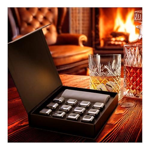 COM-FOUR® Whiskey Stones Gift Set - 12 cubetti di ghiaccio in acciaio inossidabile con pinze in acciaio inossidabile e borsa (12 pezzi con scatola regalo)