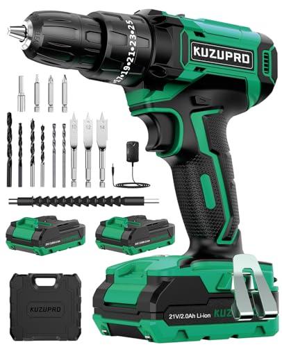 KUZUPRO Trapano Avvitatore Batteria 21V, Avvitatore a Batteria con 2 Batterie da 2.0Ah, 42N.m di Coppia, 25+3 Coppia, 2 Velocità, 14 Accessori, Luce a LED, Per il fai da te, in Casa e Giardino
