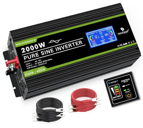 NOVOPAL Inverter 2000W Onda Sinusoidale Pura DC 12V in AC 220V con Display LCD Intelligente,2 EU Presa con Uscita USB,5 Metri di Telecomando,Adatto per Famiglia,Campeggio,Viaggi