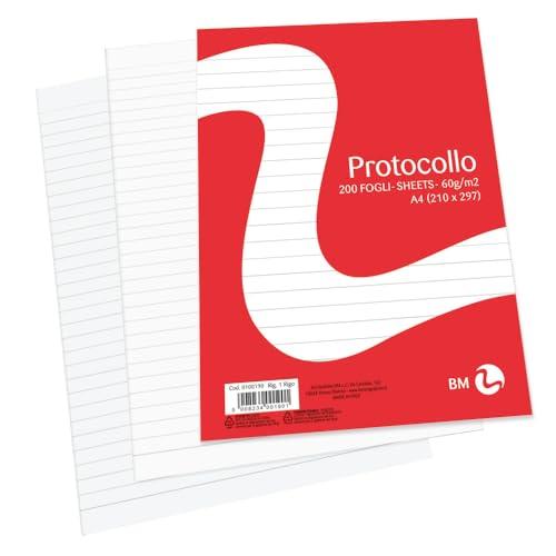 BM BeMore - Carta Protocollo A4 – 0100190 - Rigatura 1R - Righe senza Margini - Carta 60 g/mq - Blister da 200 Fogli – Ideale per Scuola e Ufficio