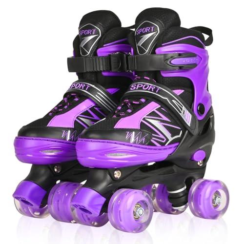 Pattini a rotelle per bambini ragazze ragazzi principianti, 4 misure regolabili per bambina e bambino con ruote luminose, pattini a rotelle nero e viola per lo sport (Medio_32-36 EU)