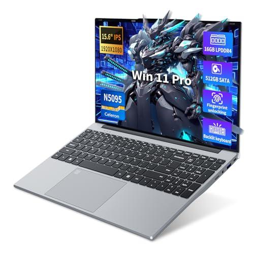 Notebook Win 11, 15,6 Pollici PC Portatile 16GB RAM 512GB SSD, Celeron N5095 CPU, Webcam+BT4.2+USB3.0, Laptop Digitale Tastiera Retroilluminata/Sblocco Impronta Digitale, 180° Flip IPS Schermo