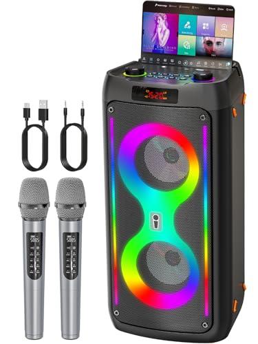 JAPOUCA Macchina per karaoke per adulti, altoparlante Bluetooth portatile con 2 microfoni wireless, sistema PA con luci da discoteca per grandi feste, all'aperto, supporta USB/TF/REC/AUX